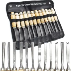 Wiltec Schnitzeisen Set 12tlg. für Holzschnitzerei mit Flacheisen & Hohleisen aus Stahl, Beitel mit Holzgriffen für Kreativität und Hobby