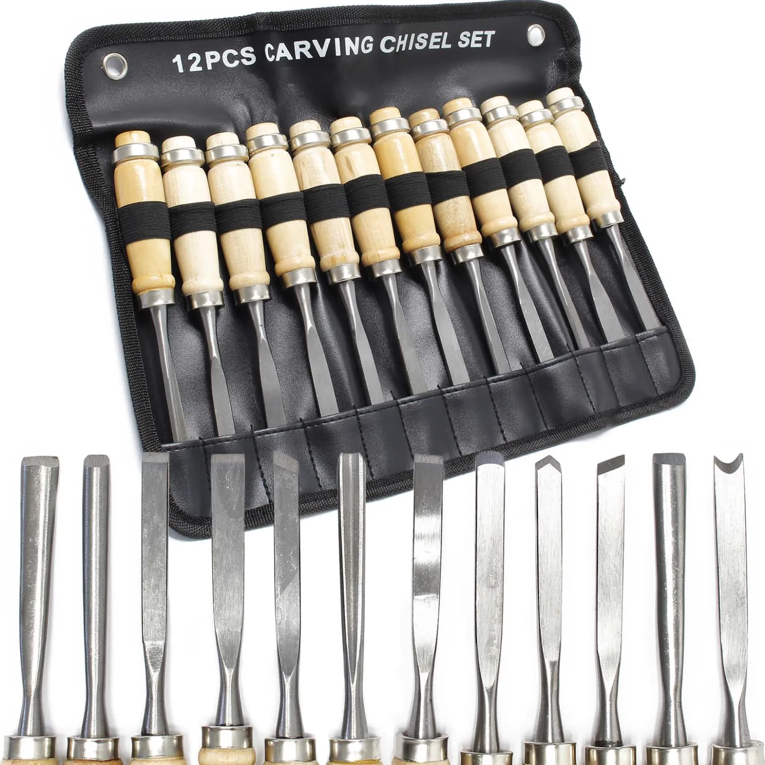 Wiltec Schnitzeisen Set 12tlg. für Holzschnitzerei mit Flacheisen & Hohleisen aus Stahl, Beitel mit Holzgriffen für Kreativität und Hobby
