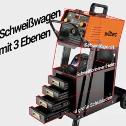 Wiltec Schweißwagen mit 4 Schubladen, Schweißgerätewagen bis 100 kg, Gasflaschenwagen Stahl mit Transportrollen, Werkstattwagen für Schweißgerät und Gasflasche