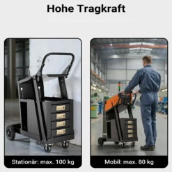 Wiltec Schweißwagen mit 4 Schubladen, Schweißgerätewagen bis 100 kg, Gasflaschenwagen Stahl mit Transportrollen, Werkstattwagen für Schweißgerät und Gasflasche