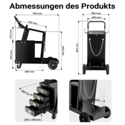 Wiltec Schweißwagen mit 4 Schubladen, Schweißgerätewagen bis 100 kg, Gasflaschenwagen Stahl mit Transportrollen, Werkstattwagen für Schweißgerät und Gasflasche