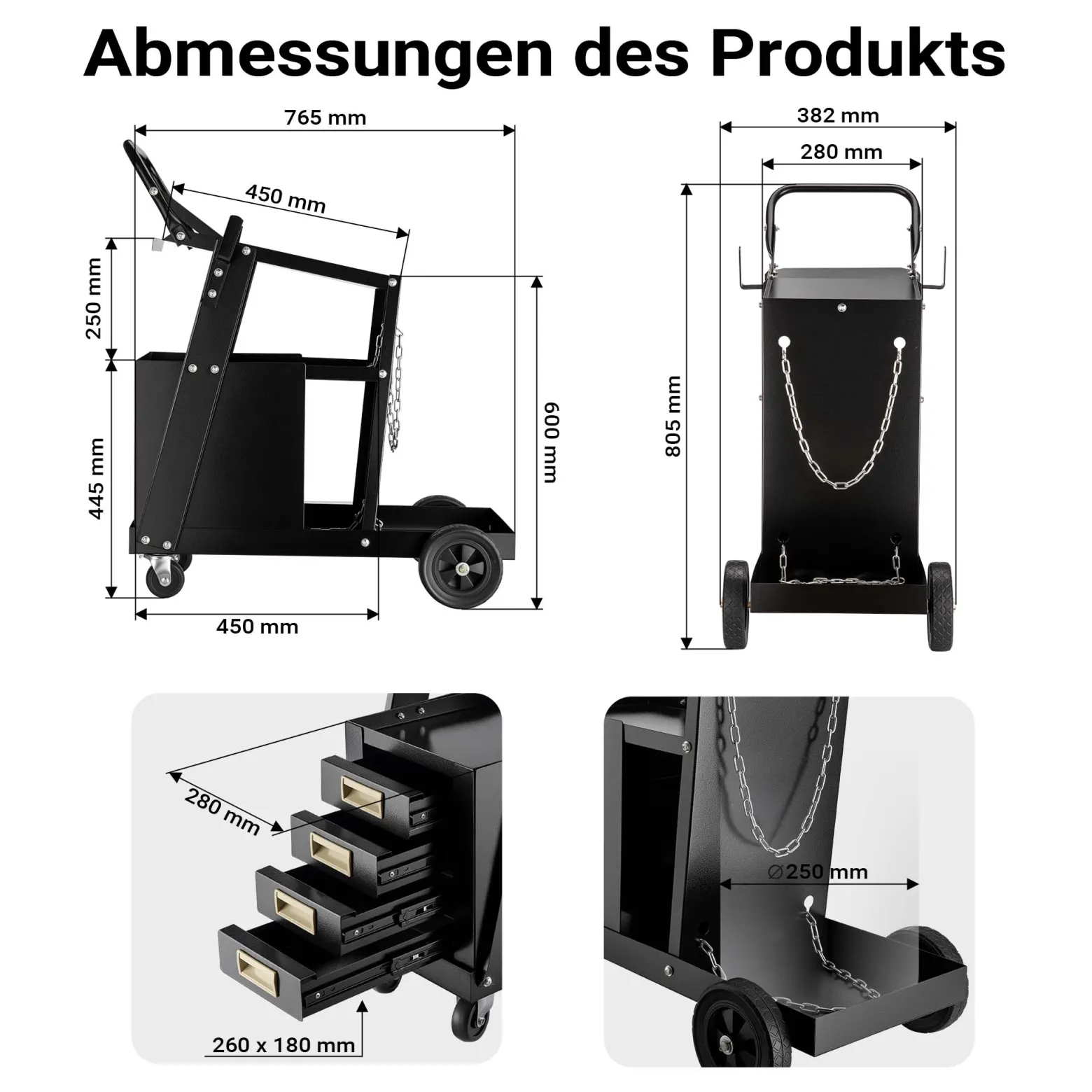 Wiltec Schweißwagen mit 4 Schubladen, Schweißgerätewagen bis 100 kg, Gasflaschenwagen Stahl mit Transportrollen, Werkstattwagen für Schweißgerät und Gasflasche