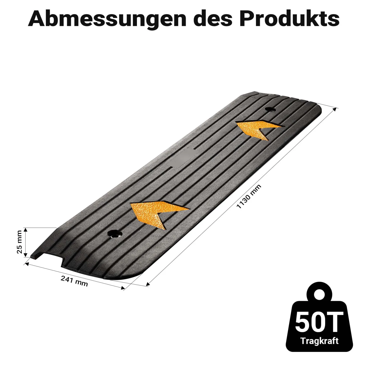 Wiltec Schwellenrampe bis 50 t, Rampe aus robustem Gummi 1130 x 240 x 25 mm, gelbe Reflexionsbänder und Schraubrillen, Auffahrrampe für Pkw, Motorrad, Rollstuhl oder Lkw