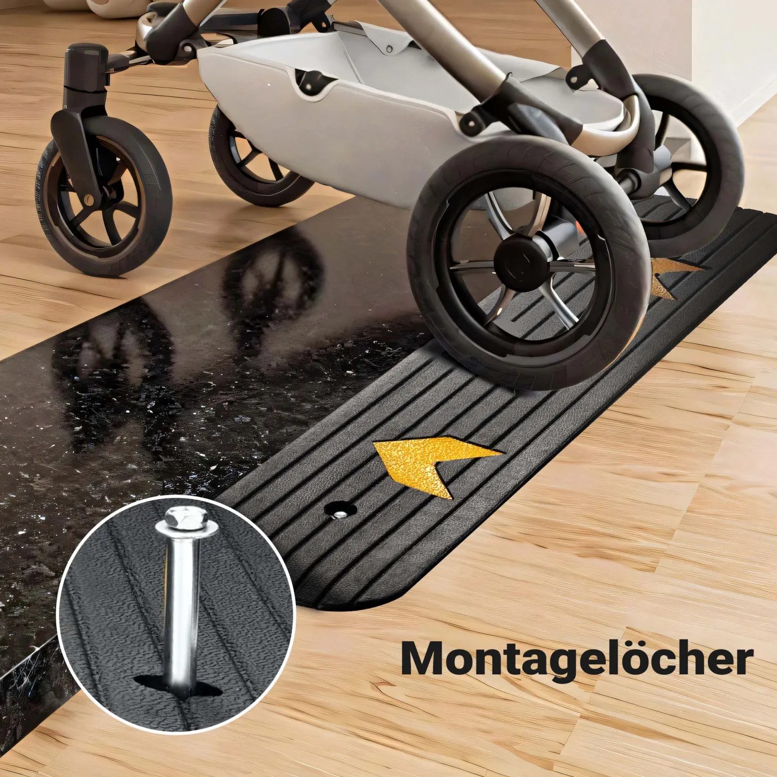 Wiltec Schwellenrampe bis 50 t, Rampe aus robustem Gummi 1130 x 240 x 25 mm, gelbe Reflexionsbänder und Schraubrillen, Auffahrrampe für Pkw, Motorrad, Rollstuhl oder Lkw