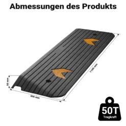 Wiltec Schwellenrampe bis 50 t, Rampe aus robustem Gummi 1100 x 406 x 50 mm, gelbe Reflexionsbänder und Schraubrillen, Auffahrrampe für Pkw, Motorrad, Rollstuhl oder Lkw