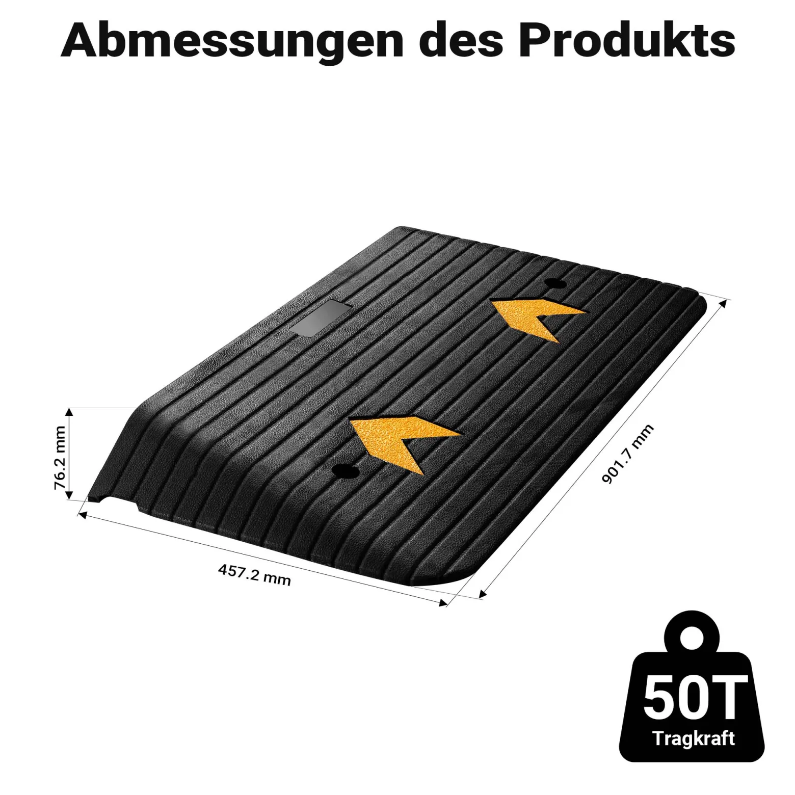 Wiltec Schwellenrampe bis 50 t, Rampe aus robustem Gummi 902 x 457 x 76 mm, gelbe Reflexionsbänder und Schraubrillen, Auffahrrampe für Pkw, Motorrad, Rollstuhl oder Lkw