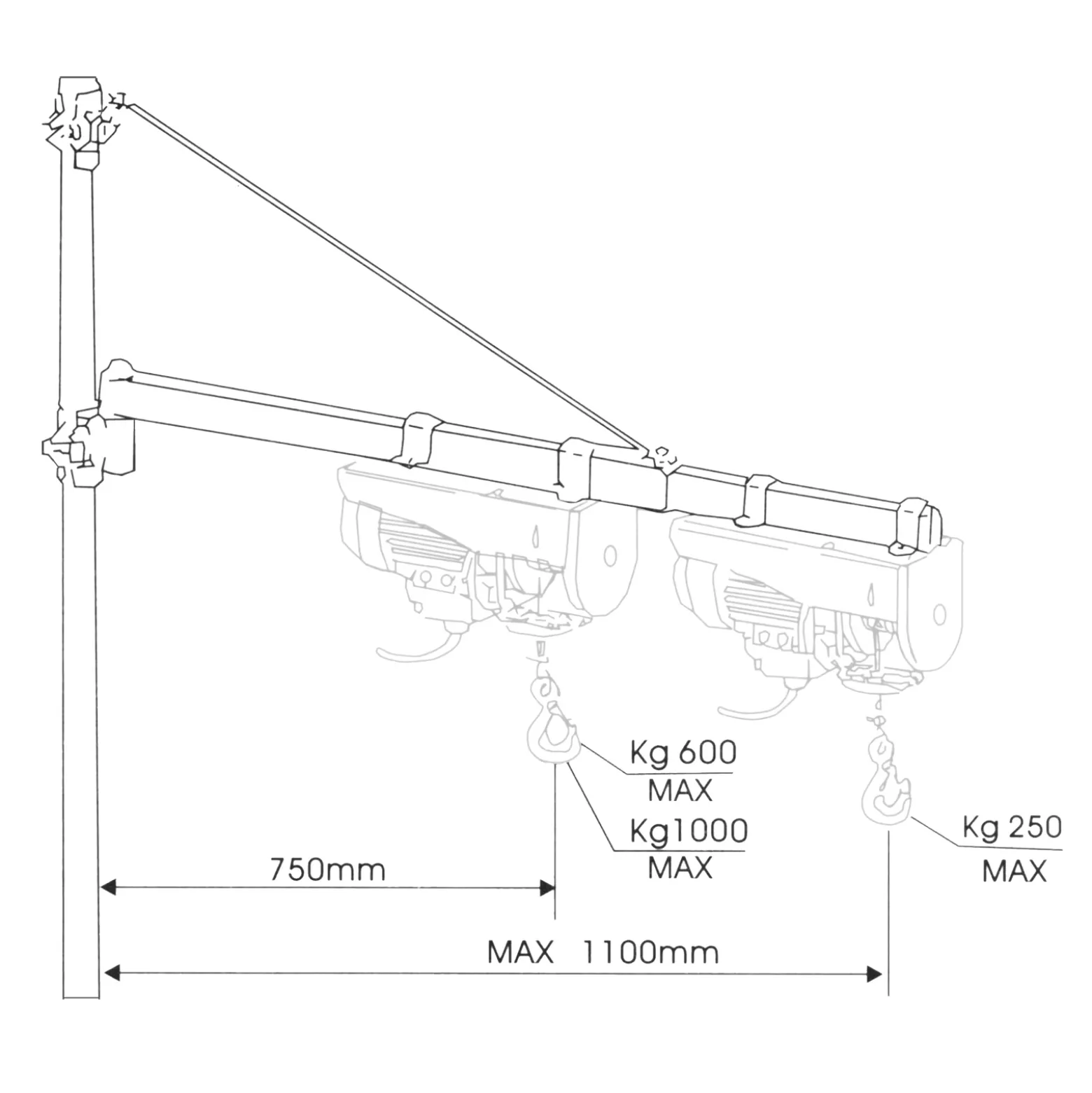 Wiltec Schwenkarm Halterung für Seilzug bis 600 kg, Träger für Seilwinde mit 110 cm Ausladung, schwenkbarer Arm für Seilhebezug, Lastarm für Hebezug