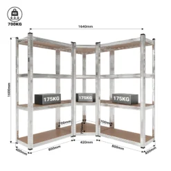 Wiltec Schwerlast Eckregal 164x150x160cm, 700 kg Gesamtlast, Steckregal verzinkt aus Stahl, Lastenregal mit 4 Ablagen, Werkstattregal