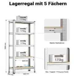 Wiltec Schwerlastregal 180x90x30cm, Gesamtlast 875kg, Steckregal verzinkt aus Stahl, Lastenregal mit 5 Ablagen, Werkstattregal