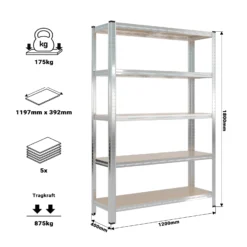 Wiltec Schwerlastregal 120x40x180cm, Gesamtlast 875kg, Steckregal verzinkt aus Stahl, Lastenregal mit 5 Ablagen, Werkstattregal