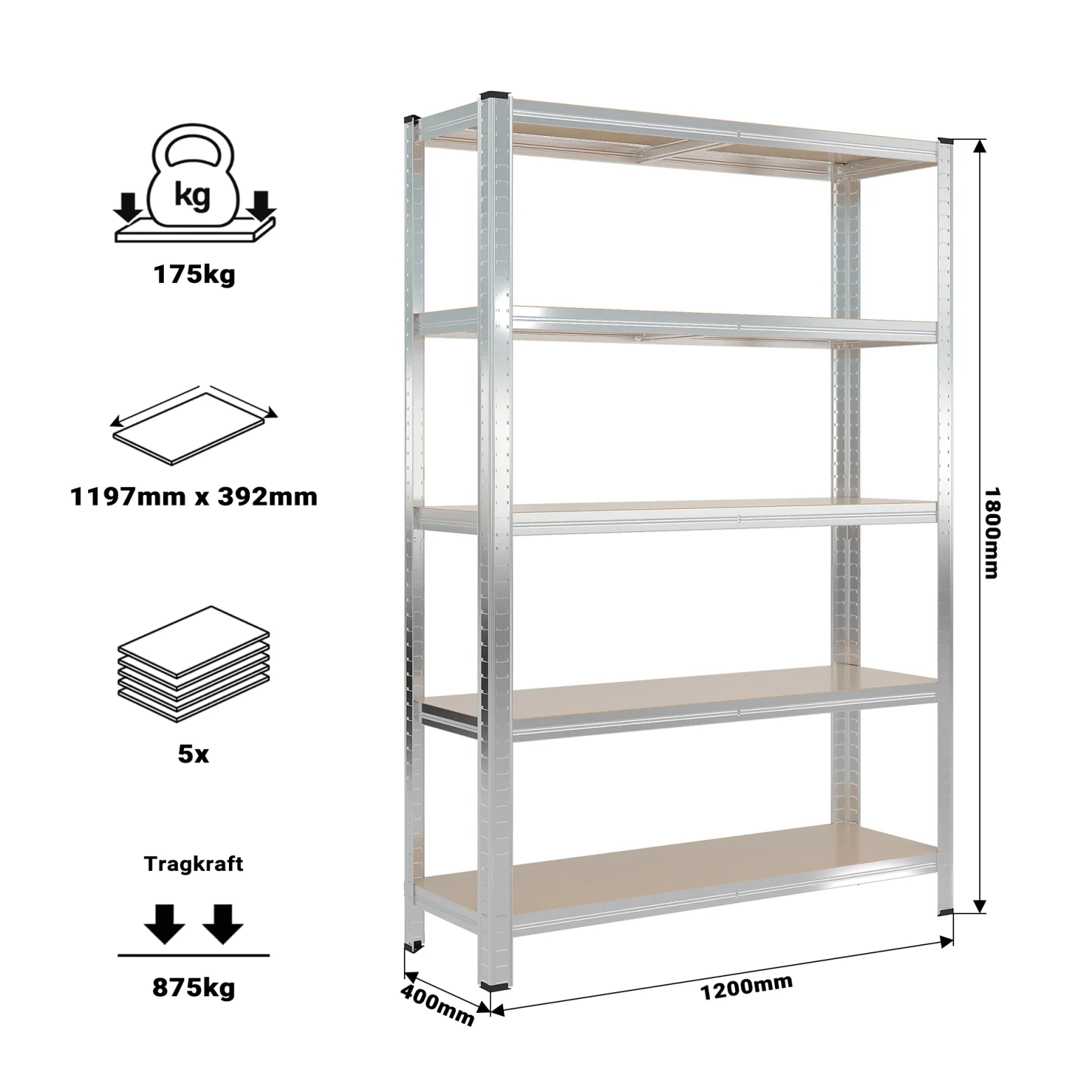 Wiltec Schwerlastregal 120x40x180cm, Gesamtlast 875kg, Steckregal verzinkt aus Stahl, Lastenregal mit 5 Ablagen, Werkstattregal