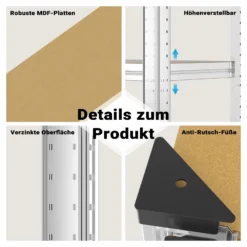 Wiltec Schwerlastregal 120x40x180cm, Gesamtlast 875kg, Steckregal verzinkt aus Stahl, Lastenregal mit 5 Ablagen, Werkstattregal