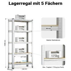 Wiltec Schwerlastregal 75x30x154cm, Gesamtlast 875kg, Steckregal verzinkt aus Stahl, Lastenregal mit 5 Ablagen, Werkstattregal