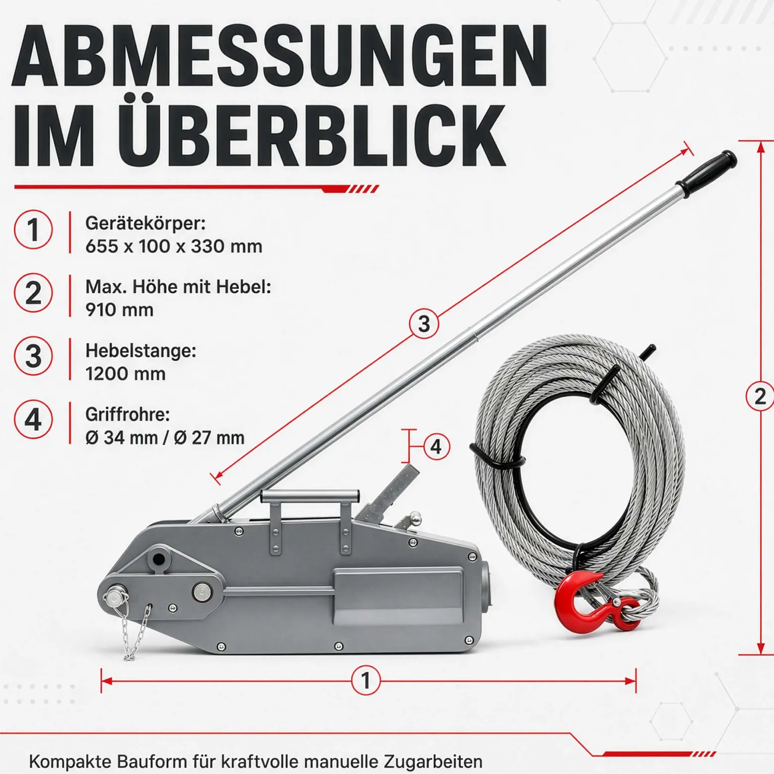 Wiltec Seilzug bis 3200 kg Seilwinde mit 20 m Seil, Handseilwinde mit Ø 16 mm Stahl-Seil, Forstseilwinde mit Abscherstift, Handseilzug mit Lasthaken