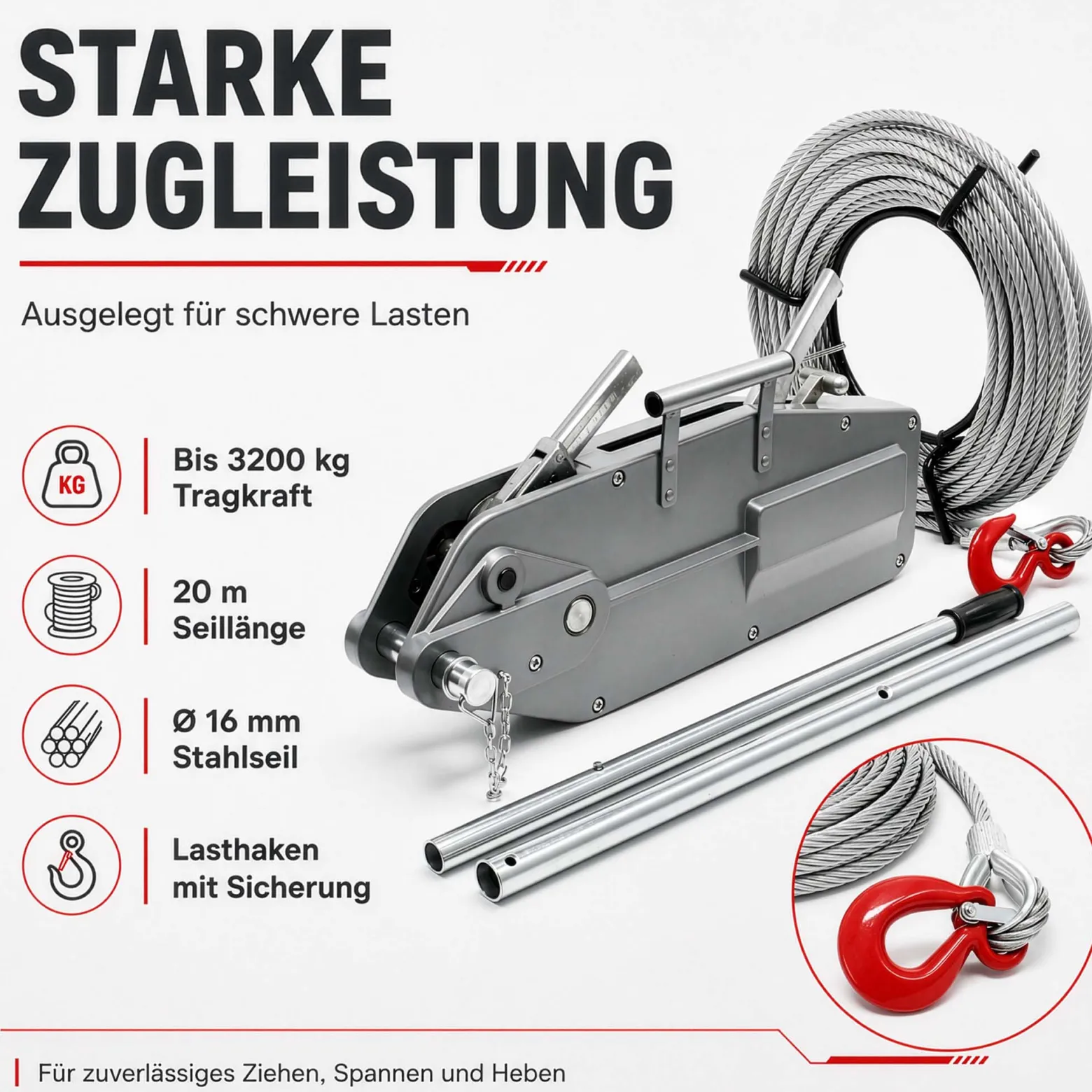 Wiltec Seilzug bis 3200 kg Seilwinde mit 20 m Seil, Handseilwinde mit Ø 16 mm Stahl-Seil, Forstseilwinde mit Abscherstift, Handseilzug mit Lasthaken