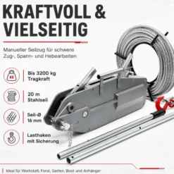 Wiltec Seilzug bis 3200 kg Seilwinde mit 20 m Seil, Handseilwinde mit Ø 16 mm Stahl-Seil, Forstseilwinde mit Abscherstift, Handseilzug mit Lasthaken