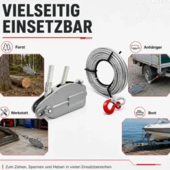 Wiltec Seilzug bis 800 kg Seilwinde mit 20 m Seil, Handseilwinde mit Ø 8,3 mm Stahl-Seil, Forstseilwinde mit Abscherstift, Handseilzug mit Lasthaken