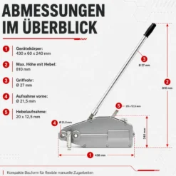 Wiltec Seilzug bis 800 kg Seilwinde mit 20 m Seil, Handseilwinde mit Ø 8,3 mm Stahl-Seil, Forstseilwinde mit Abscherstift, Handseilzug mit Lasthaken