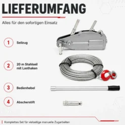 Wiltec Seilzug bis 800 kg Seilwinde mit 20 m Seil, Handseilwinde mit Ø 8,3 mm Stahl-Seil, Forstseilwinde mit Abscherstift, Handseilzug mit Lasthaken