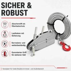 Wiltec Seilzug bis 800 kg Seilwinde mit 20 m Seil, Handseilwinde mit Ø 8,3 mm Stahl-Seil, Forstseilwinde mit Abscherstift, Handseilzug mit Lasthaken