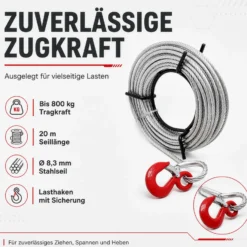 Wiltec Seilzug bis 800 kg Seilwinde mit 20 m Seil, Handseilwinde mit Ø 8,3 mm Stahl-Seil, Forstseilwinde mit Abscherstift, Handseilzug mit Lasthaken