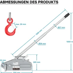 Wiltec Seilzug bis 1600 kg Seilwinde mit 20 m Seil, Handseilwinde mit Ø 11 mm Stahl-Seil, Forstseilwinde mit Abscherstift, Handseilzug mit Lasthaken