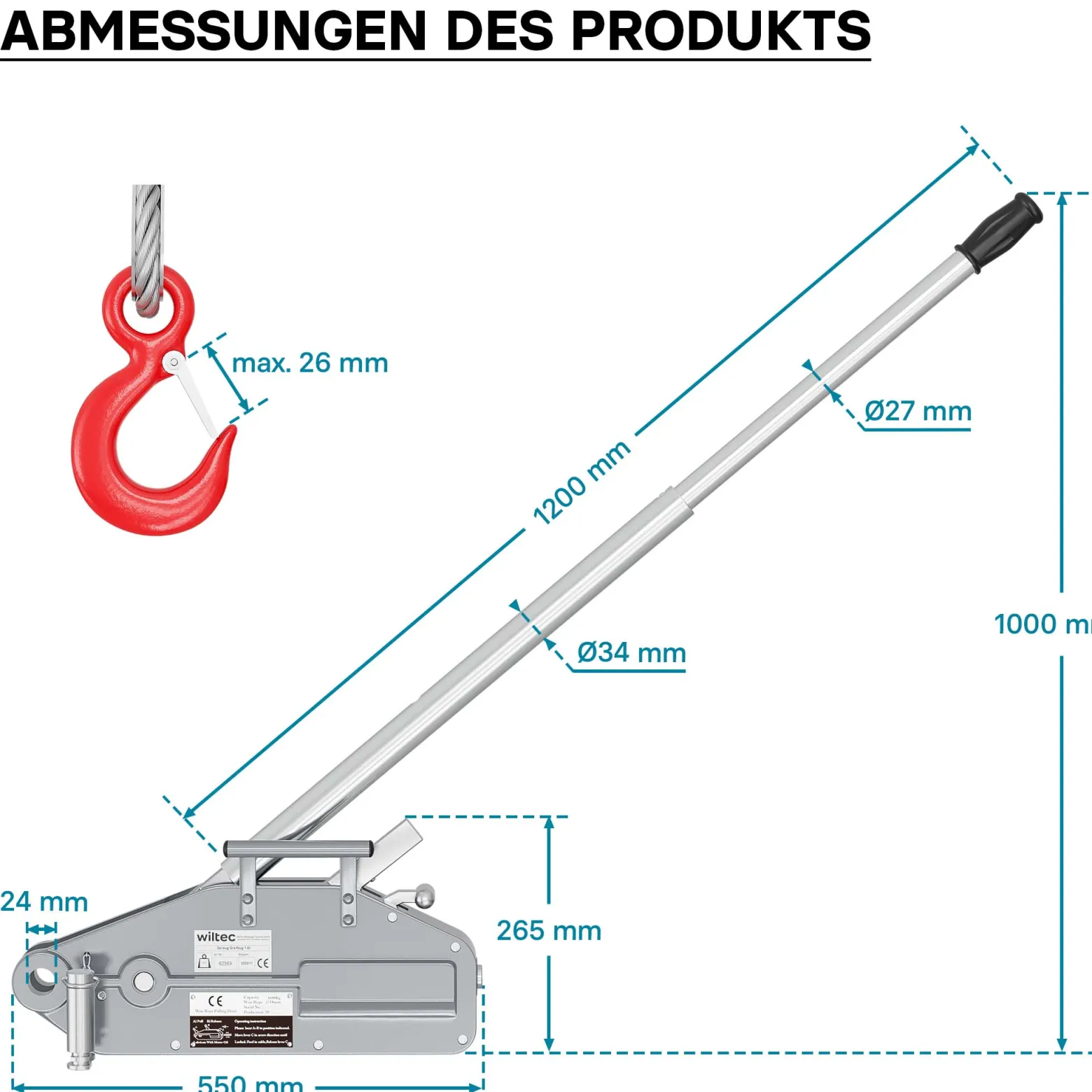 Wiltec Seilzug bis 1600 kg Seilwinde mit 20 m Seil, Handseilwinde mit Ø 11 mm Stahl-Seil, Forstseilwinde mit Abscherstift, Handseilzug mit Lasthaken