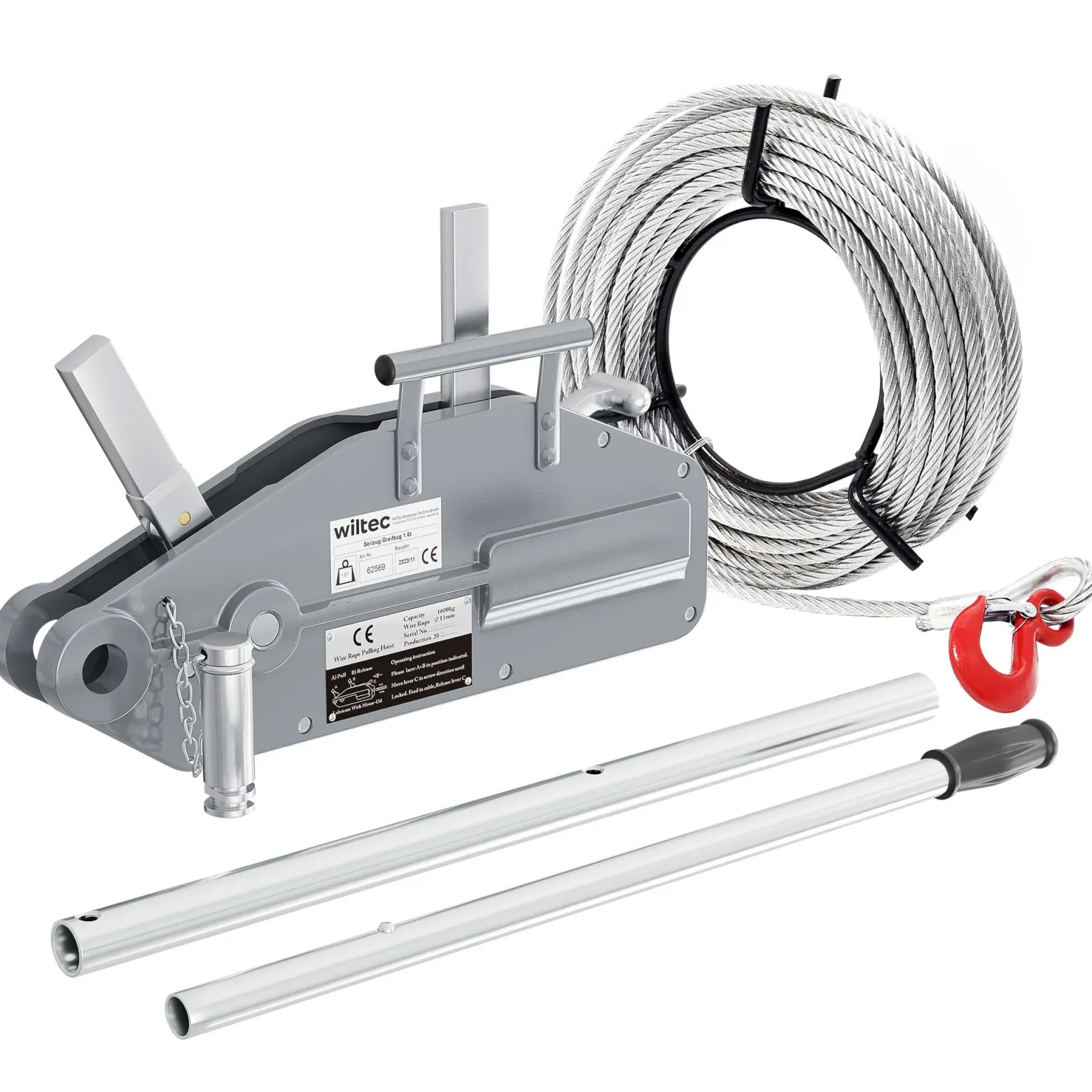 Wiltec Seilzug bis 1600 kg Seilwinde mit 20 m Seil, Handseilwinde mit Ø 11 mm Stahl-Seil, Forstseilwinde mit Abscherstift, Handseilzug mit Lasthaken