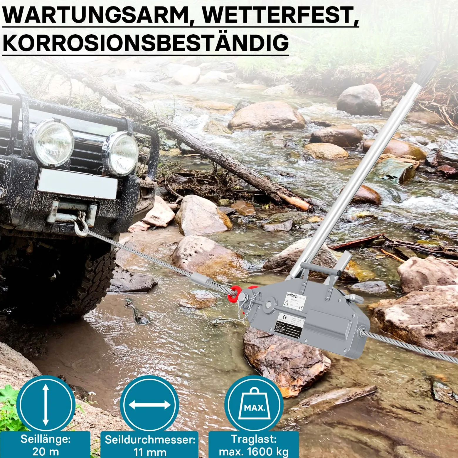 Wiltec Seilzug bis 1600 kg Seilwinde mit 20 m Seil, Handseilwinde mit Ø 11 mm Stahl-Seil, Forstseilwinde mit Abscherstift, Handseilzug mit Lasthaken