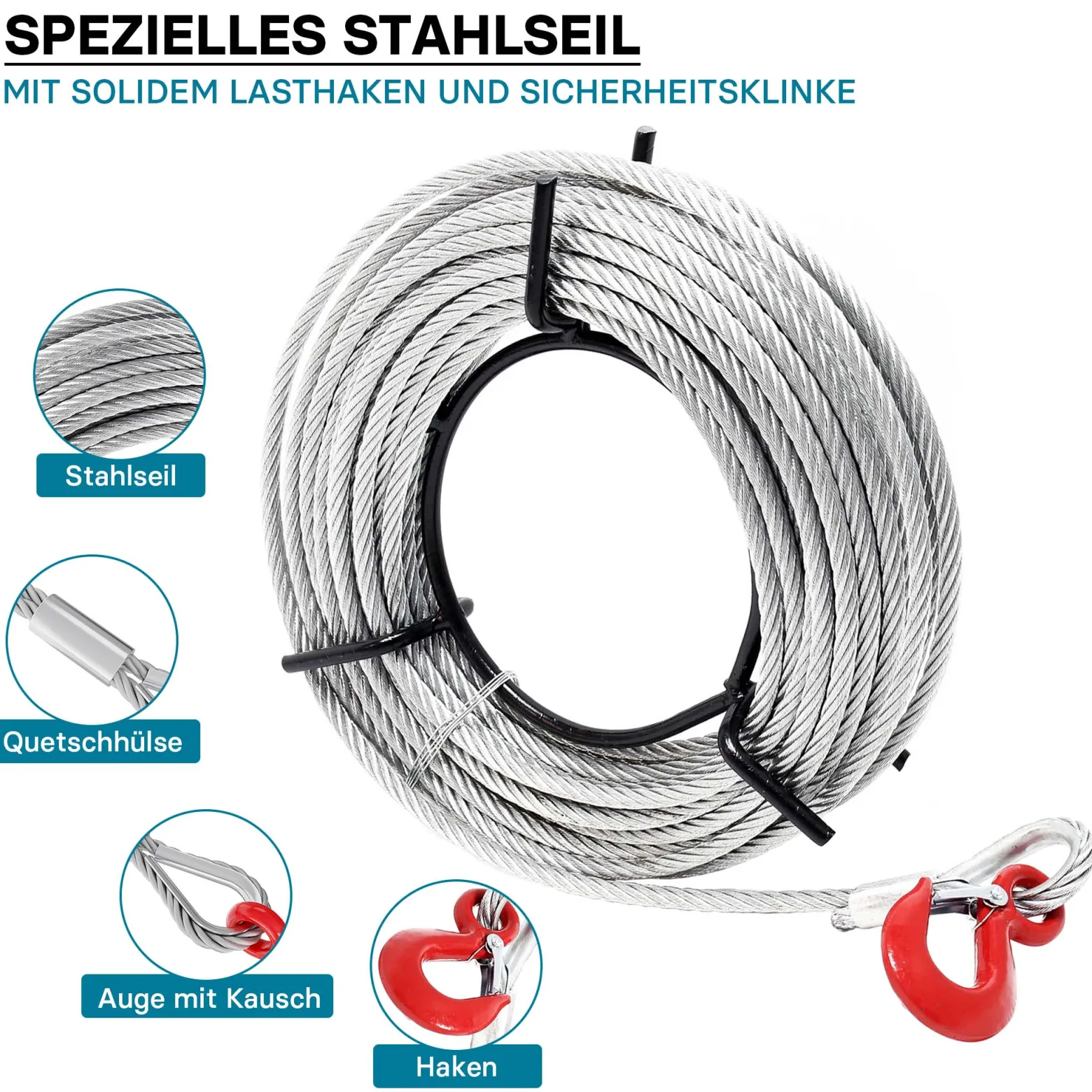 Wiltec Seilzug bis 1600 kg Seilwinde mit 20 m Seil, Handseilwinde mit Ø 11 mm Stahl-Seil, Forstseilwinde mit Abscherstift, Handseilzug mit Lasthaken