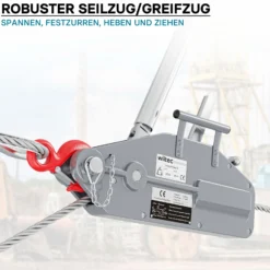 Wiltec Seilzug bis 1600 kg Seilwinde mit 20 m Seil, Handseilwinde mit Ø 11 mm Stahl-Seil, Forstseilwinde mit Abscherstift, Handseilzug mit Lasthaken