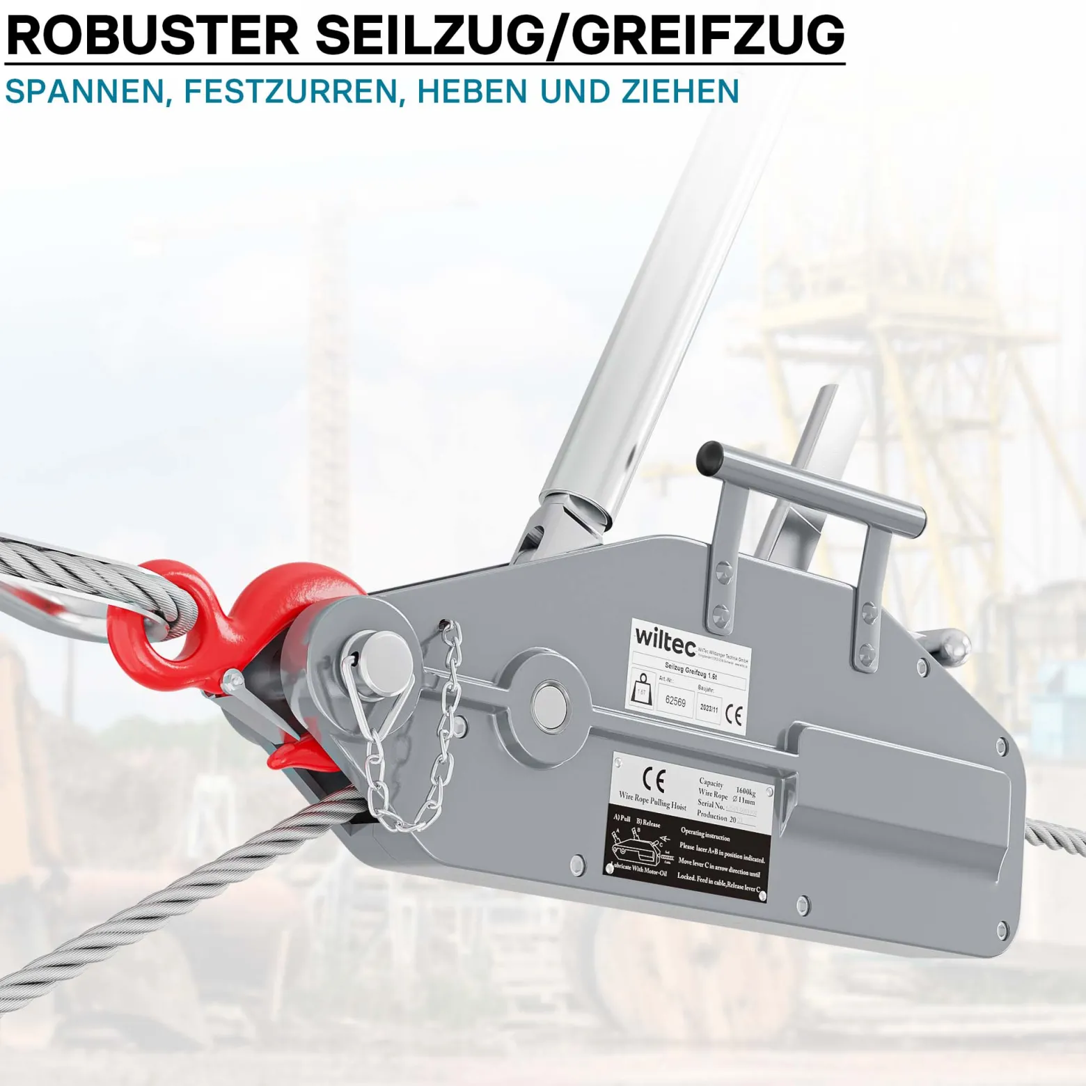 Wiltec Seilzug bis 1600 kg Seilwinde mit 20 m Seil, Handseilwinde mit Ø 11 mm Stahl-Seil, Forstseilwinde mit Abscherstift, Handseilzug mit Lasthaken