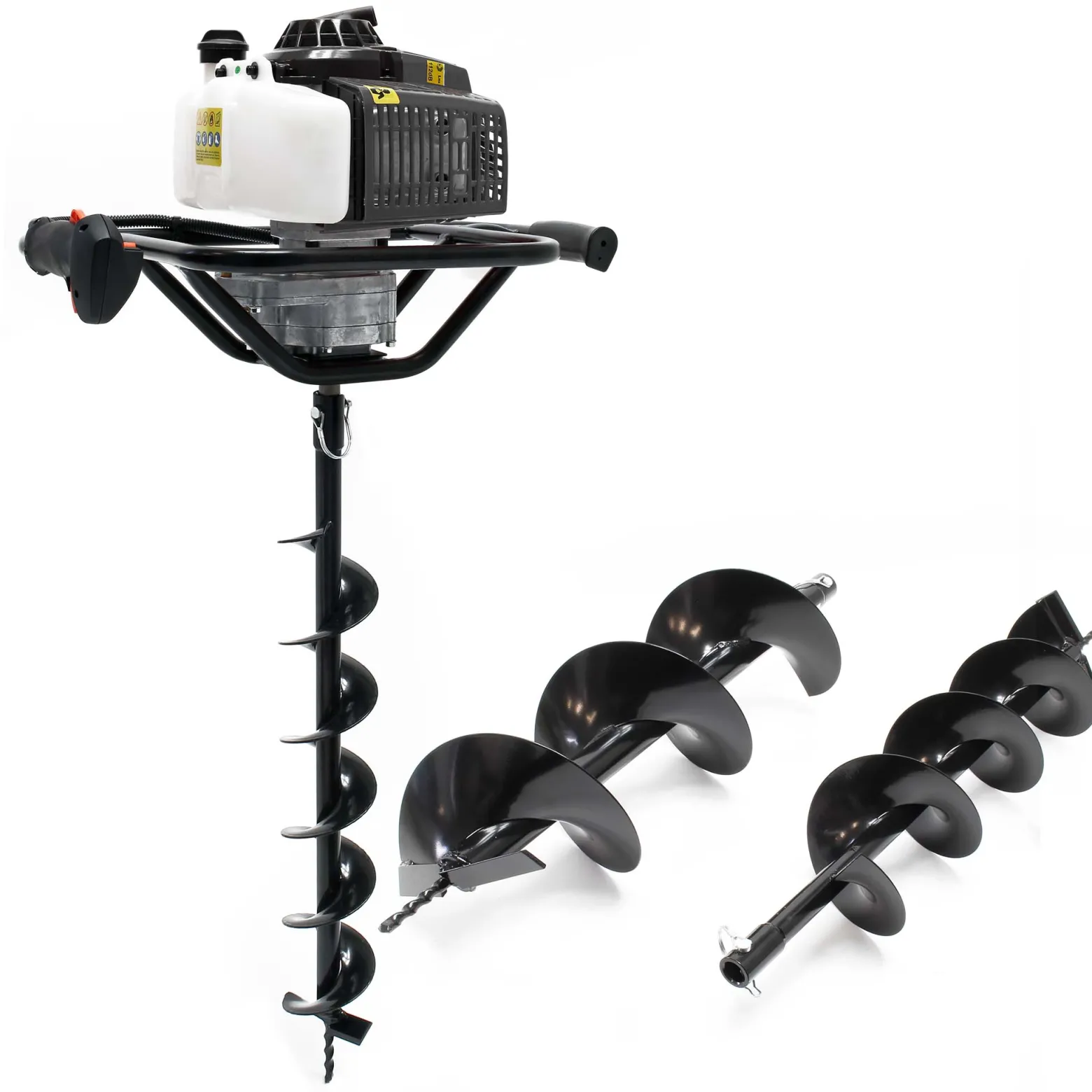 Wiltec Set Benzin Erdlochbohrer mit 100, 150, 200 mm Bohrschnecke, 2,2 kW 3 PS 63,3ccm Pfahlbohrer Pflanzenbohrer