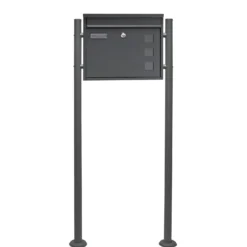 Wiltec Set Briefkasten V12 Anthrazit 360 x 115 x 320 mm mit Ständer, Wandbriefkasten mit Schloss, Sichtfenstern und Namensschild, Postkasten aus Stahl galvanisiert