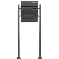 Wiltec Set Designer Briefkasten V4 Anthrazit 350 x 95 x 445 mm mit Ständer, Wandbriefkasten mit Schloss, Sichtschlitz, Namensschild und Zeitungsrolle, Postkasten aus pulverbeschichtetem Stahl