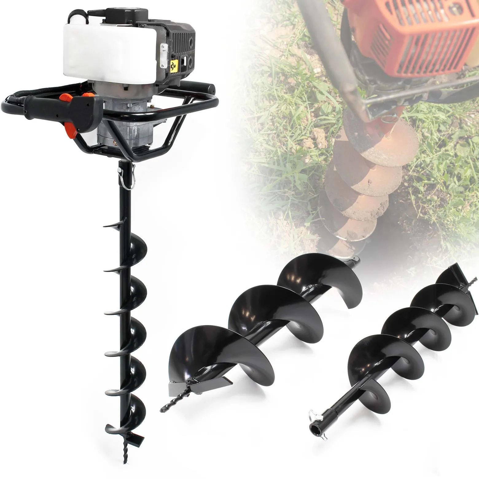 Wiltec Set Erdlochbohrer mit 1,4kW und 52cm³ Benzinmotor, inklusive 100mm, 150mm und 200mm Bohrschnecken