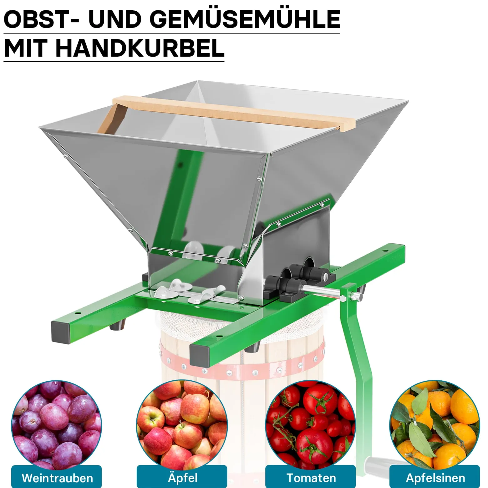 Wiltec Set 12L Obstpresse aus Buchenholz inkl. Presstuch und Obstmühle mit 7L Trichter, Zur Herstellung von Saft Wein und Maische