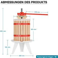 Wiltec Set 18L Obstpresse aus Buchenholz inkl. Presstuch und Obstmühle mit 7L Trichter, Zur Herstellung von Saft Wein und Maische