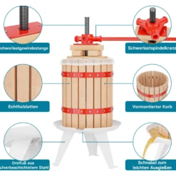 Wiltec Set 18L Obstpresse aus Buchenholz inkl. Presstuch und Obstmühle mit 7L Trichter, Zur Herstellung von Saft Wein und Maische