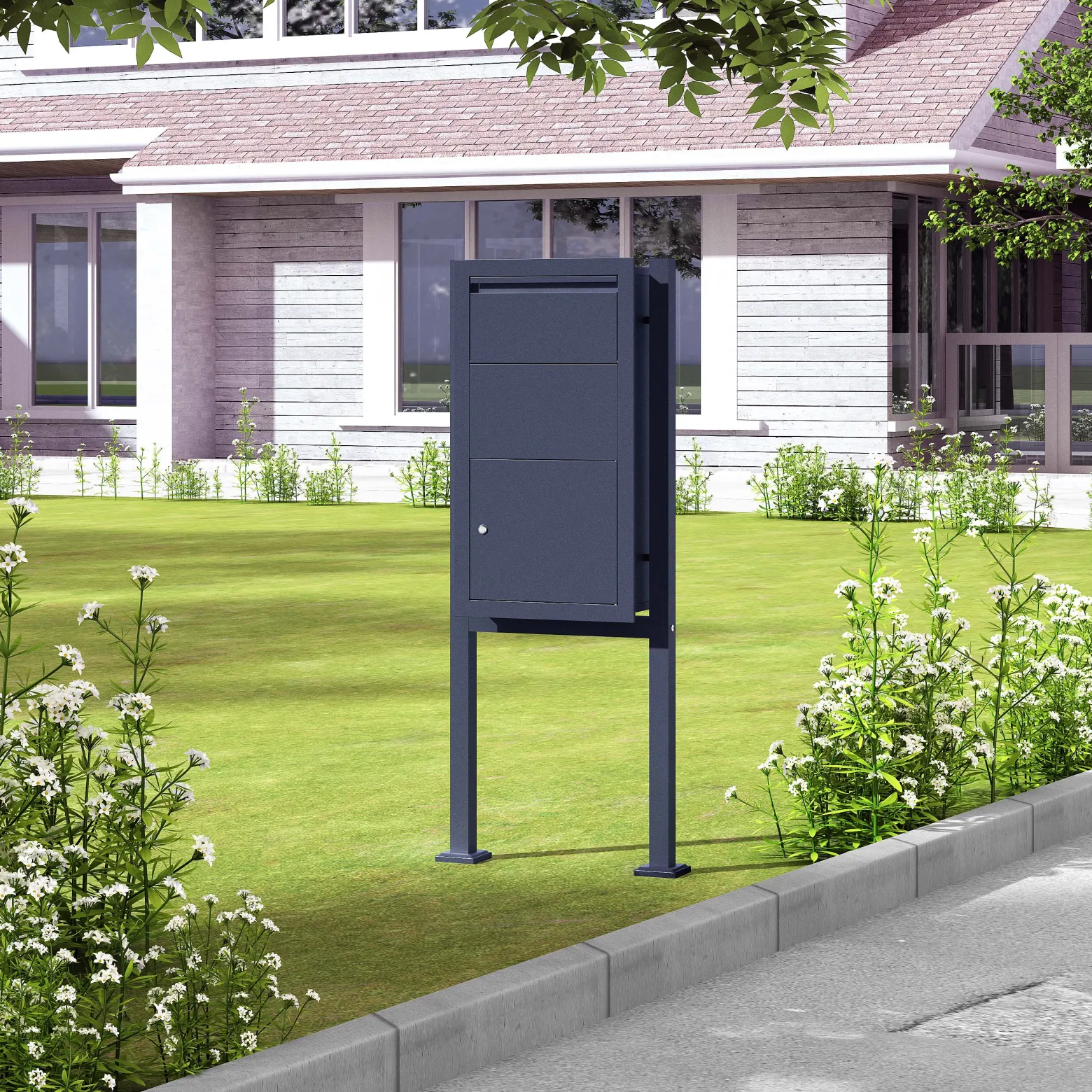 Wiltec Set Paketkasten Anthrazit 470 x 220 x 870 mm mit Ständer, Paketbox Zuhause, private Paketannahme passend für Pakete und Päckchen, Wandbriefkasten Stahl
