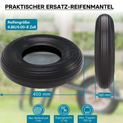 Wiltec Set Reifen und Schlauch Größe 4.00-8, bis 160 kg Traglast, mit geradem Ventil TR13 für Schubkarren, Sackkarren und E-Scooter