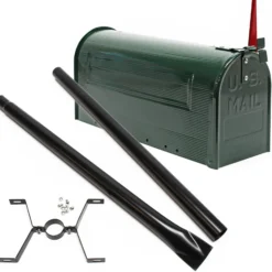Wiltec Set US Mailbox grün 180 x 220 x 480 mm, amerikanischer Briefkasten mit Fahne, Standbriefkasten Stahl amerikanisches Design mit passendem Standfuß