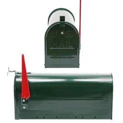 Wiltec Set US Mailbox grün 180 x 220 x 480 mm, amerikanischer Briefkasten mit Fahne, Standbriefkasten Stahl amerikanisches Design mit passendem Standfuß
