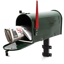 Wiltec Set US Mailbox grün 180 x 220 x 480 mm, amerikanischer Briefkasten mit Fahne, Standbriefkasten Stahl amerikanisches Design mit passender Wandhalterung