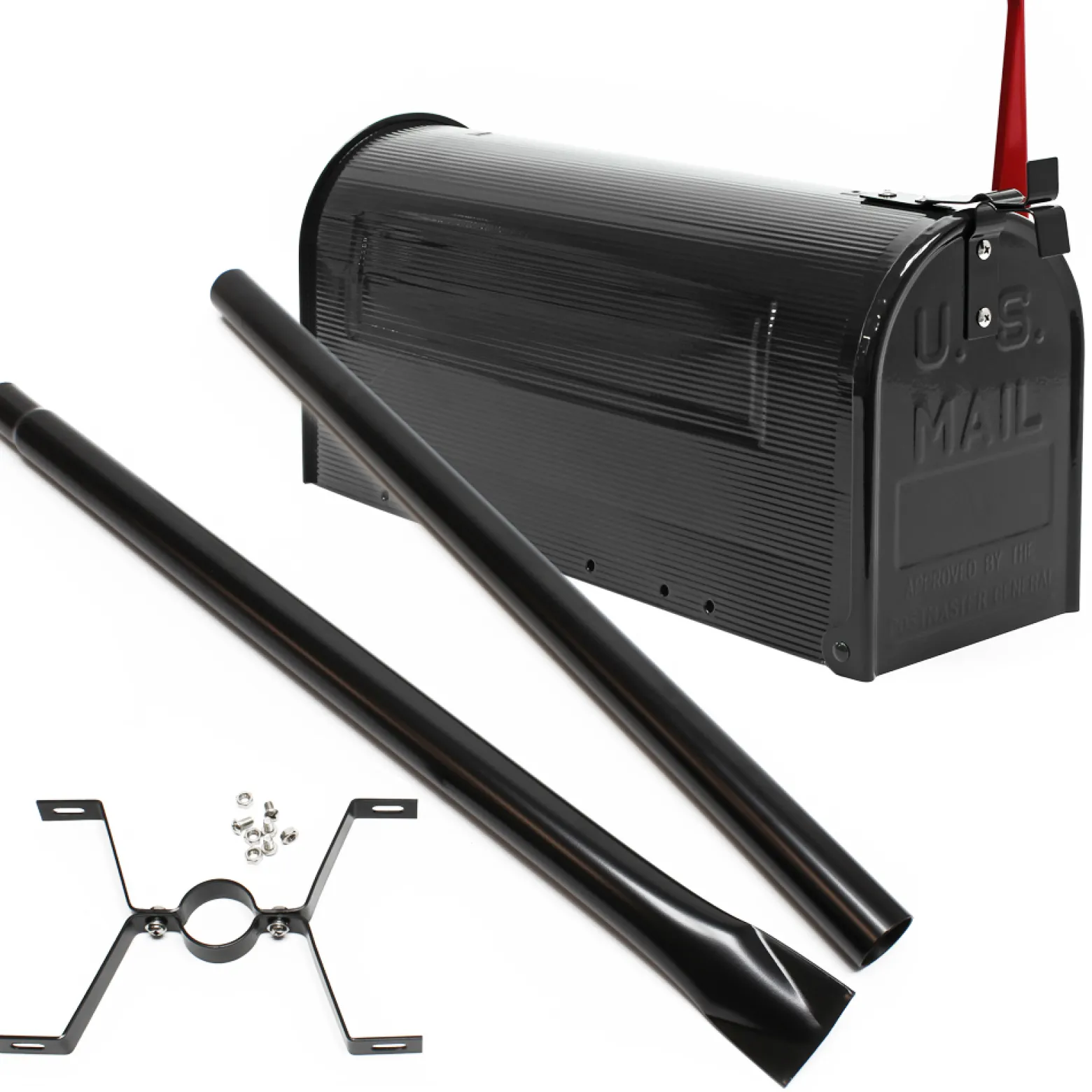 Wiltec Set US Mailbox schwarz 180 x 220 x 480 mm, amerikanischer Briefkasten mit Fahne, Standbriefkasten Stahl amerikanisches Design mit passendem Standfuß