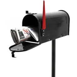 Wiltec Set US Mailbox schwarz 180 x 220 x 480 mm, amerikanischer Briefkasten mit Fahne, Standbriefkasten Stahl amerikanisches Design mit passendem Standfuß