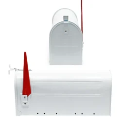 Wiltec Set US Mailbox weiß 180 x 220 x 480 mm, amerikanischer Briefkasten mit Fahne, Standbriefkasten Stahl amerikanisches Design mit passendem Standfuß
