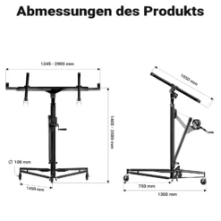 Wiltec SET XXL Plattenheber bis max. 68 kg + 140 cm Verlängerung, Höhe 140-465 cm, max. Breite 2,90 m, Montagehilfe für Trockenbau, Paneelheber mit 3 Rädern, schwarz