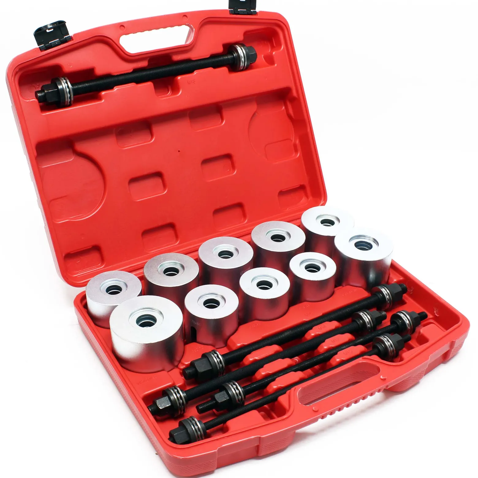 Wiltec Silentlager Abzieher Satz 27 teilig, Ausdrücker für Achslager, Werkzeug für Silentlager mit 22 Hülsen M10-M18 und 5 Spindeln