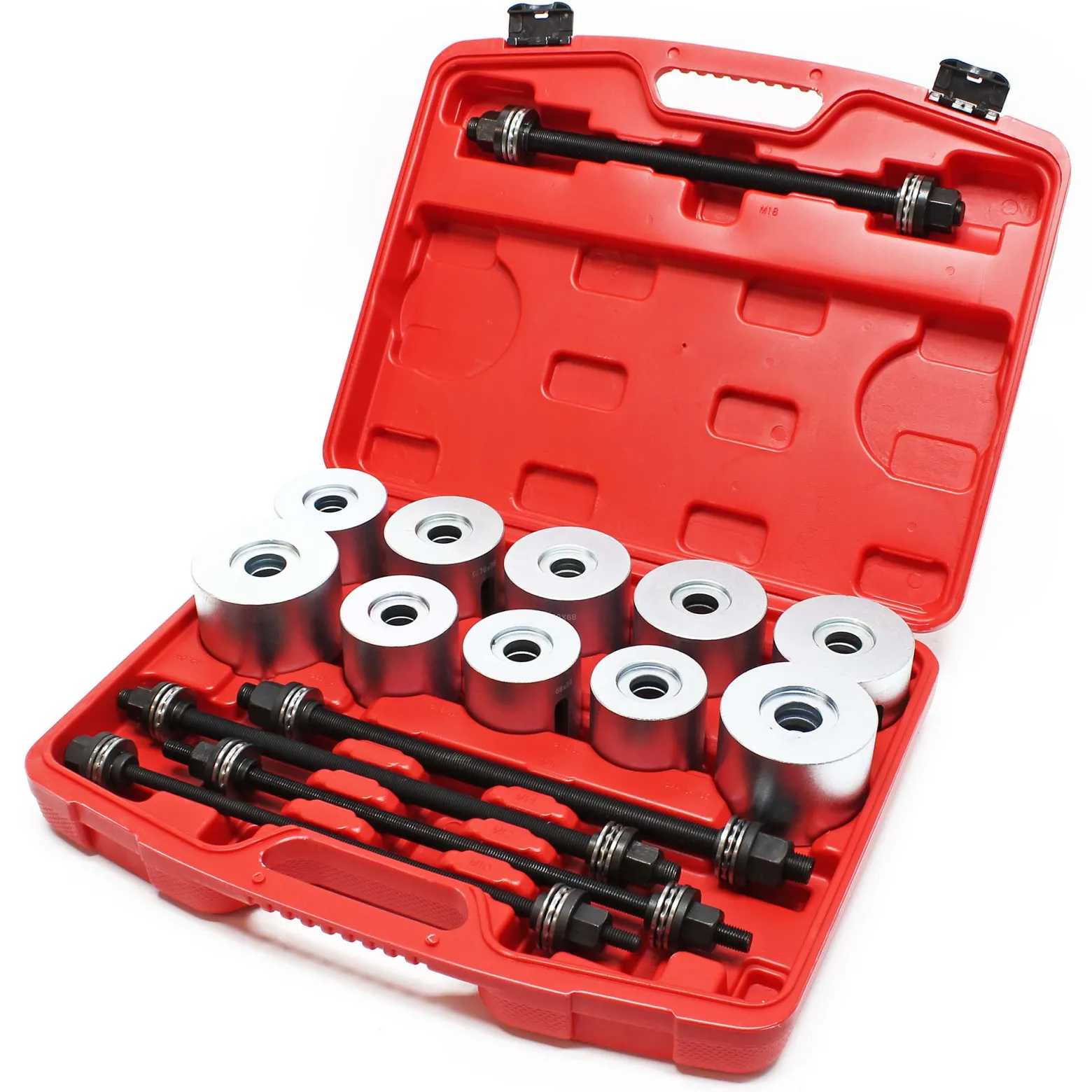Wiltec Silentlager Abzieher Satz 27 teilig, Ausdrücker für Achslager, Werkzeug für Silentlager mit 22 Hülsen M10-M18 und 5 Spindeln